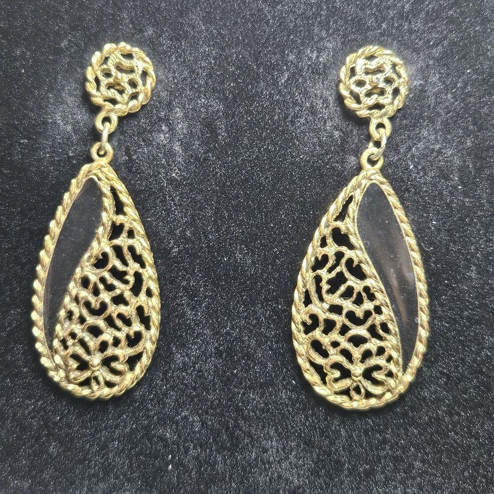 Vintage 1928 Gold Tone Black Enamel Dangling Teardrop Earrings